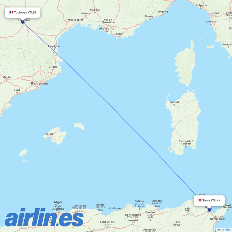 Nouvelair Tunisie from Toulouse–Blagnac Airport destination map