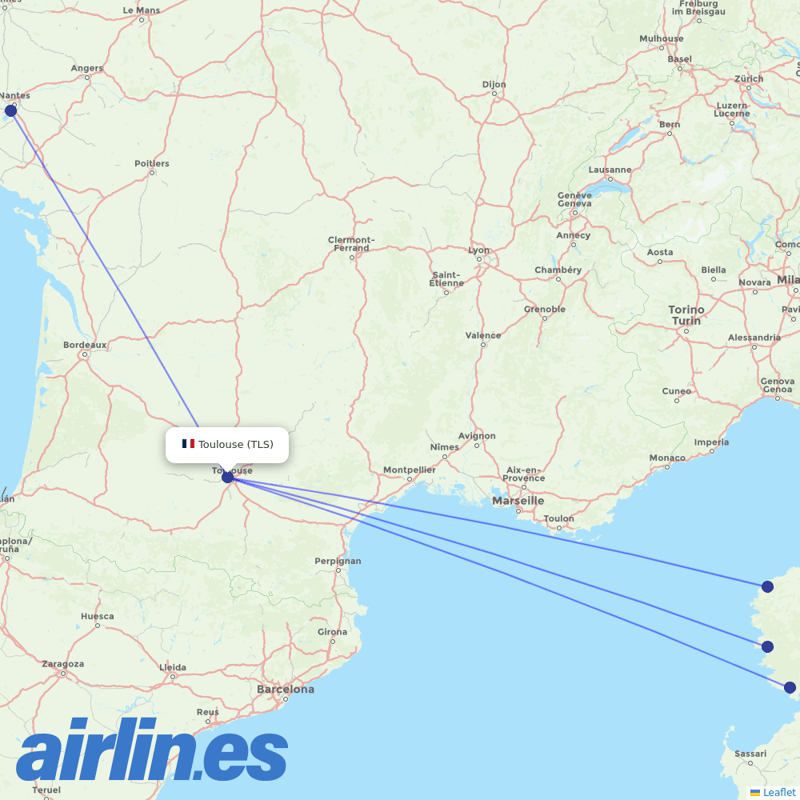 Air Corsica from Toulouse–Blagnac Airport destination map