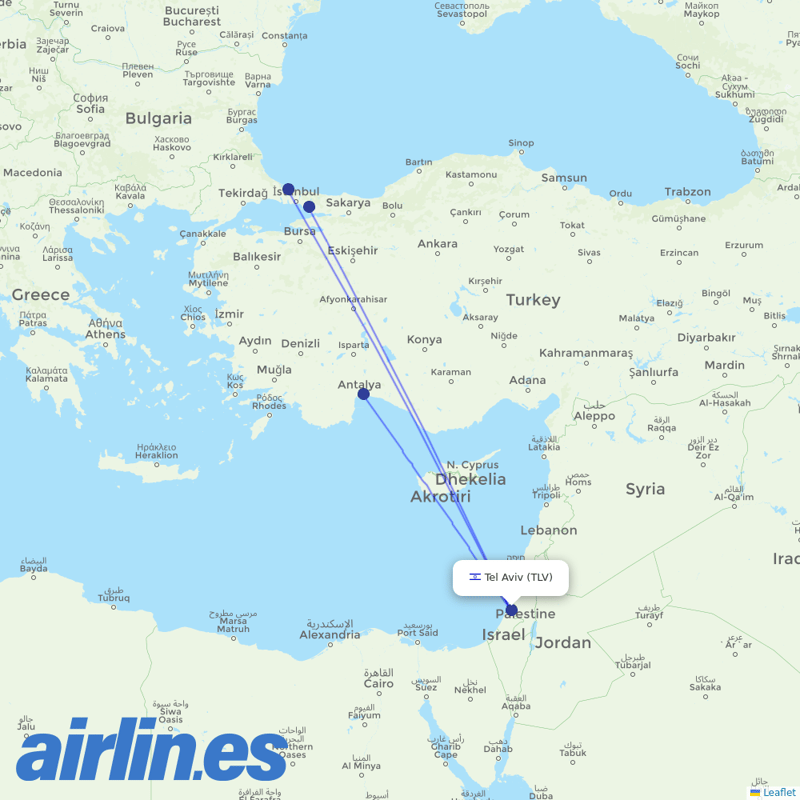 Turkish Airlines from Ben Gurion International Airport destination map