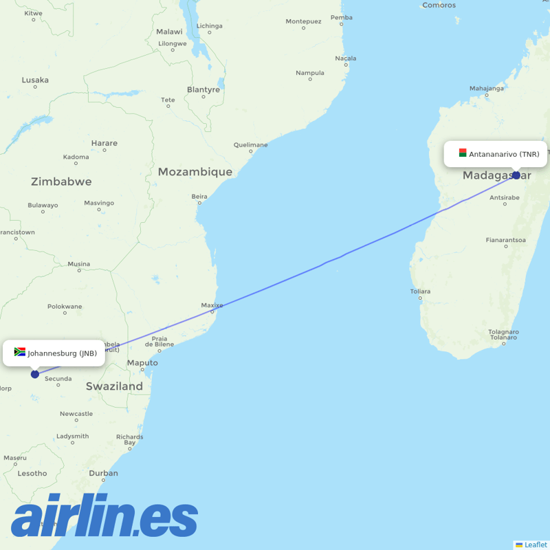 Airlink (South Africa) from Antananarivo Ivato destination map