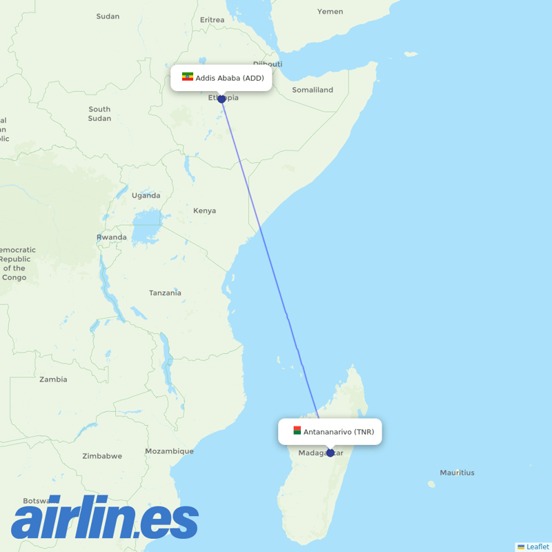 Ethiopian Airlines from Antananarivo Ivato destination map