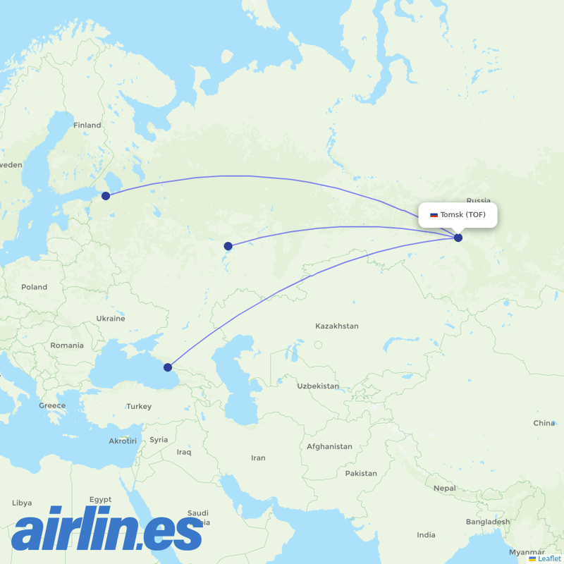 Nordwind Airlines from Tomsk Bogashevo Airport destination map