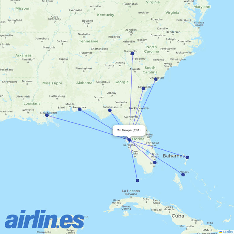 Silver Airways from Tampa International destination map