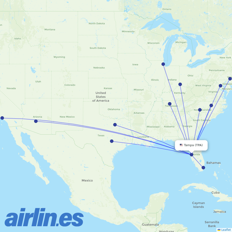 American Airlines from Tampa International destination map