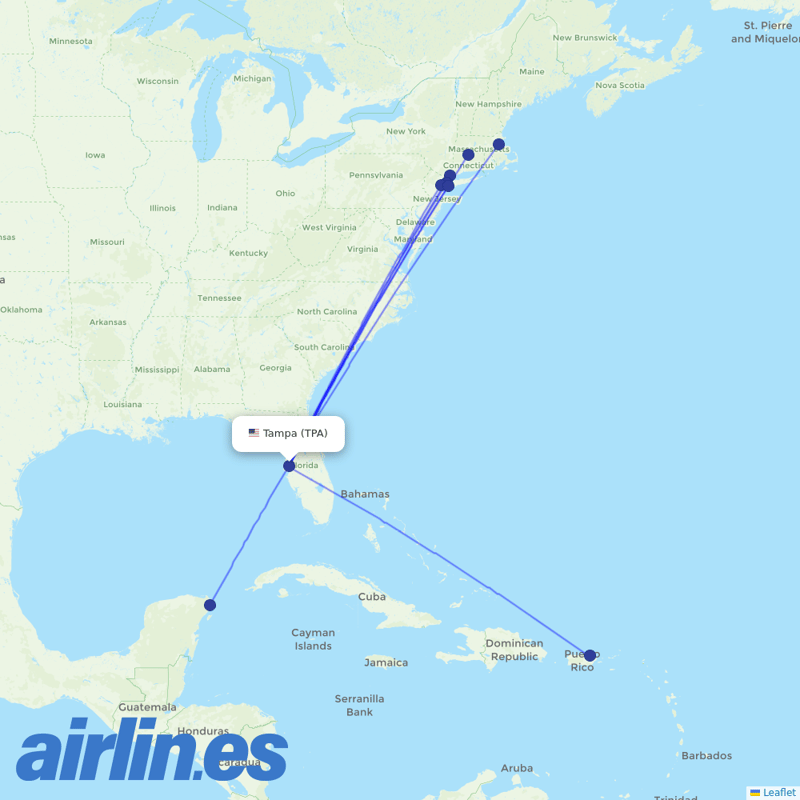 JetBlue Airways from Tampa International destination map