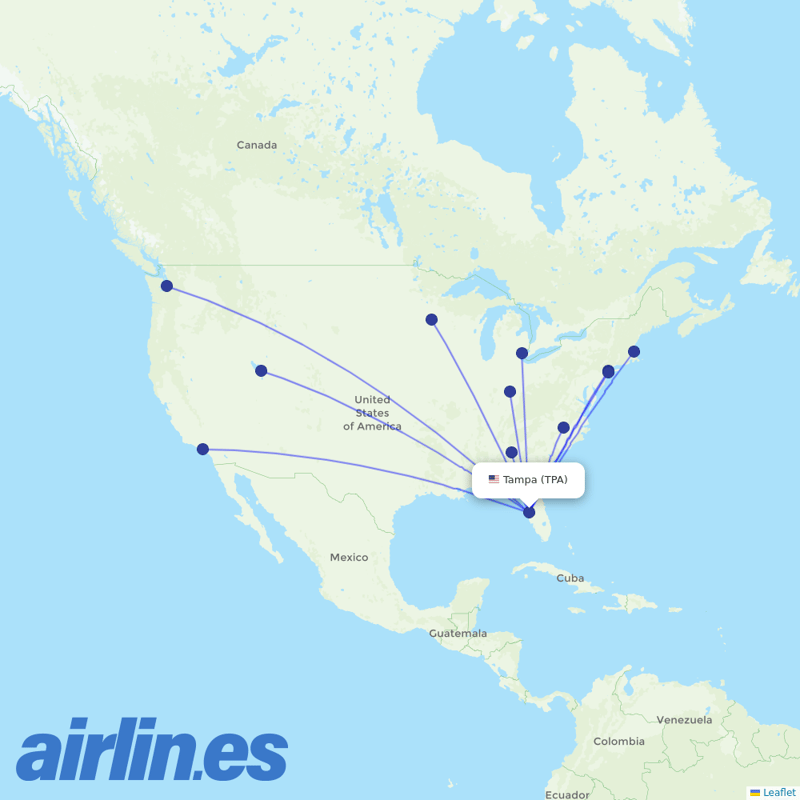 Delta Air Lines from Tampa International destination map