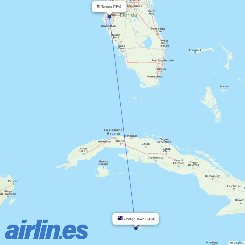 Cayman Airways from Tampa International destination map