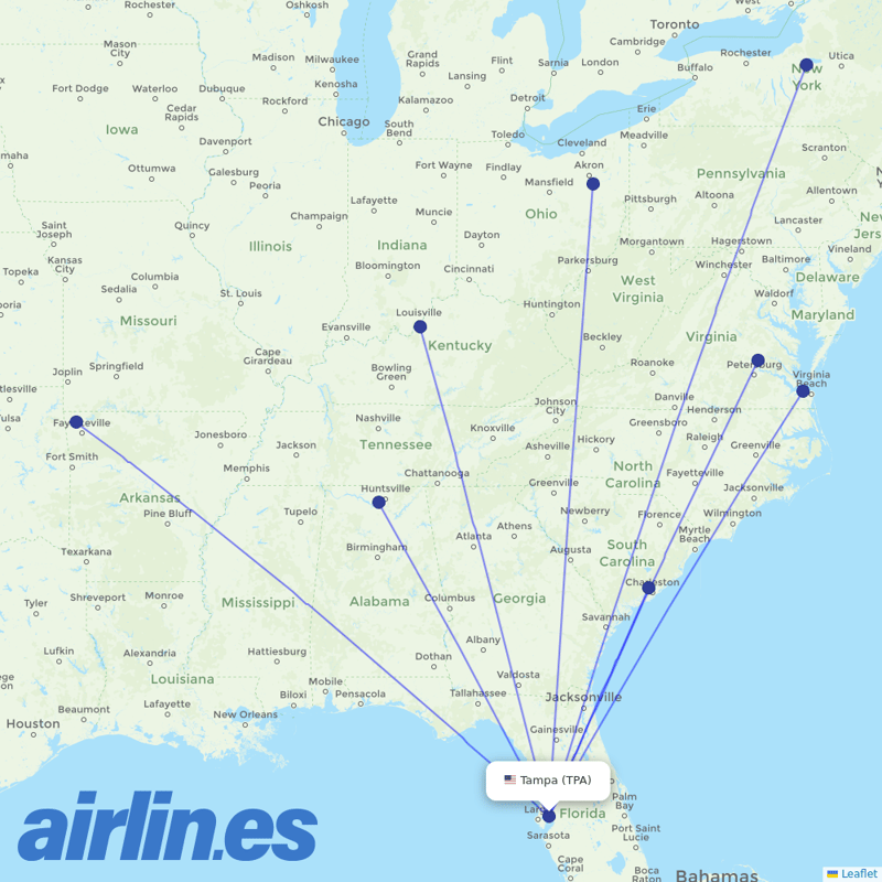 Breeze Airways from Tampa International destination map