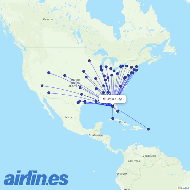 Southwest Airlines from Tampa International destination map