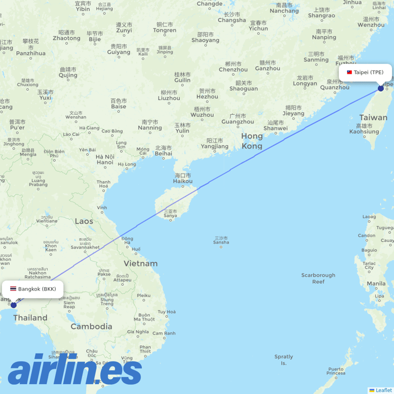 Thai Airways International from Taoyuan International Airport destination map