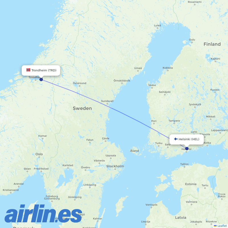 Finnair from Trondheim Vaernes destination map