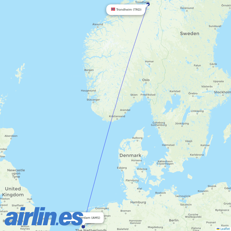 KLM from Trondheim Vaernes destination map