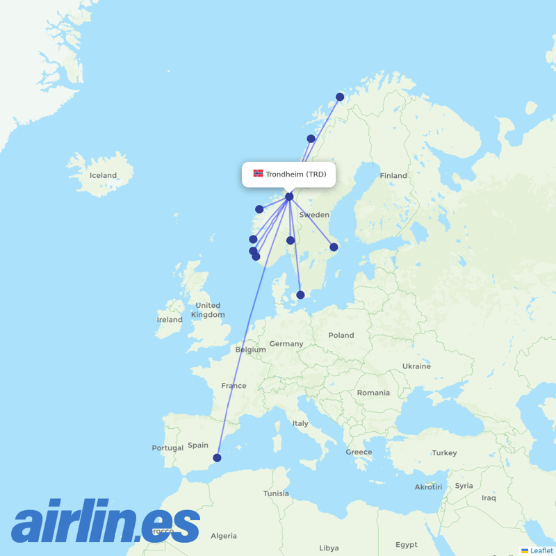 Scandinavian Airlines from Trondheim Vaernes destination map