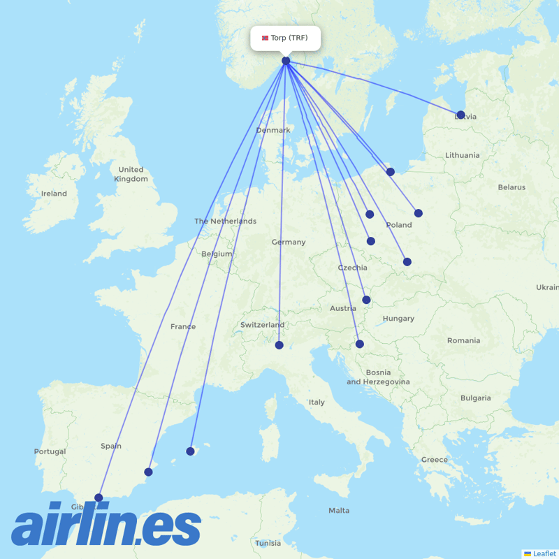 Ryanair from Torp destination map