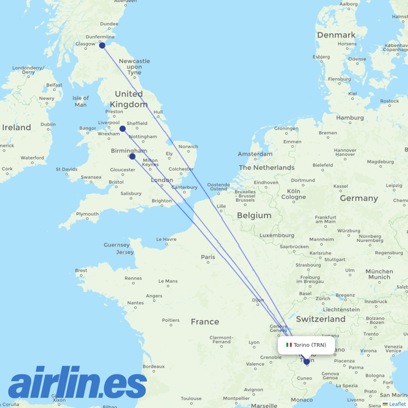 Jet2 from Turin Airport destination map