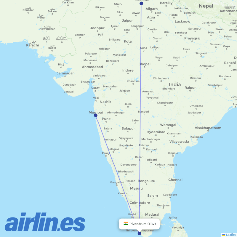 Air India from Thiruvananthapuram International destination map