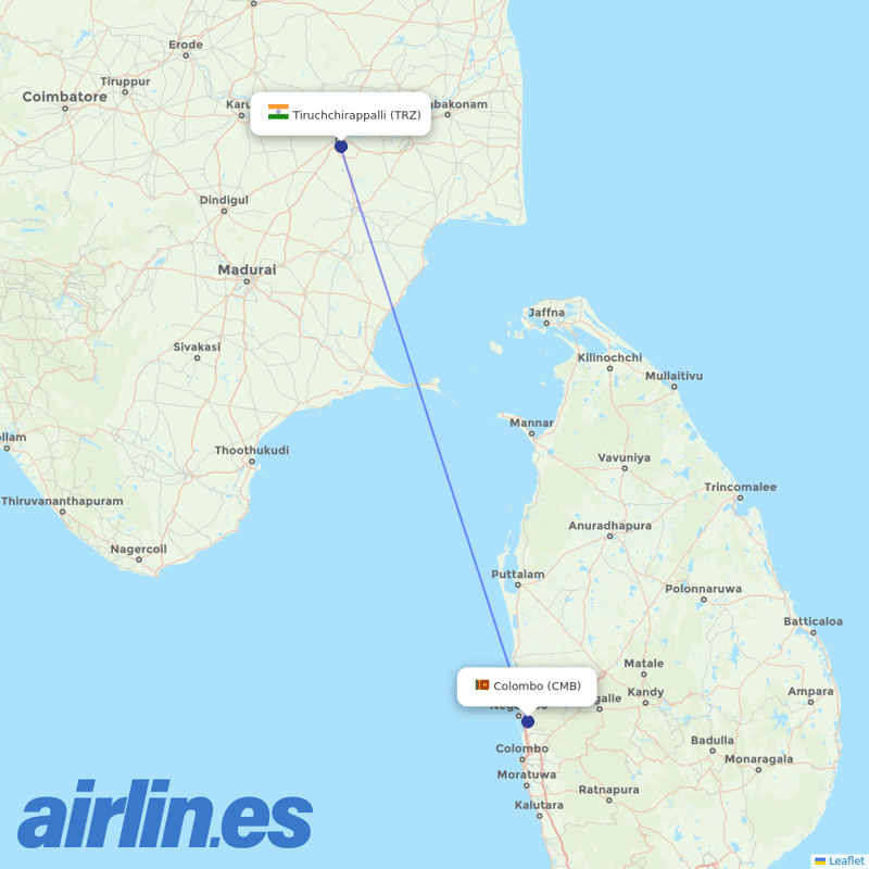 SriLankan Airlines from Tiruchirappalli destination map