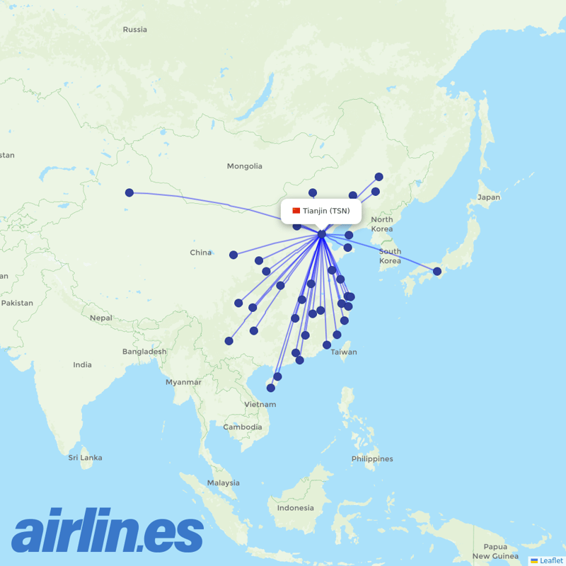 Tianjin Airlines from Tianjin Binhai International Airport destination map