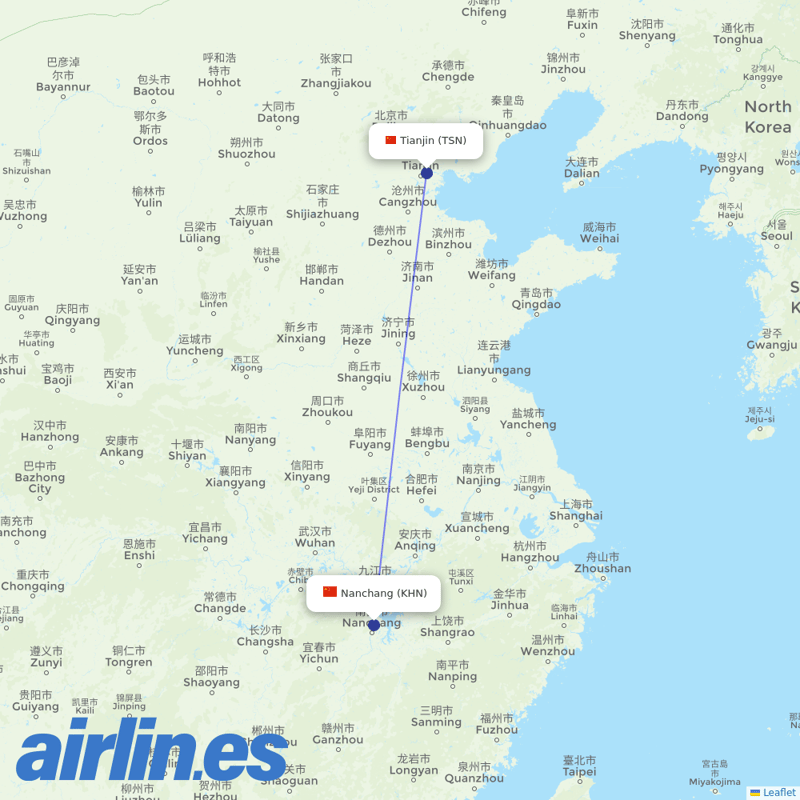 Jiangxi Airlines from Tianjin Binhai International Airport destination map