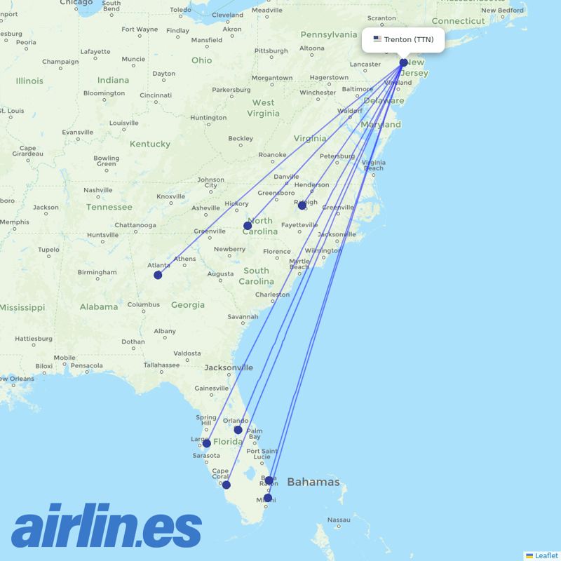 Frontier Airlines from Trenton Mercer destination map