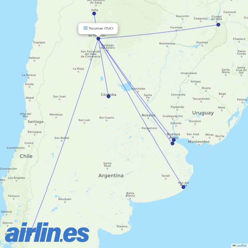 Aerolineas Argentinas from Teniente Benjamin Matienzo destination map