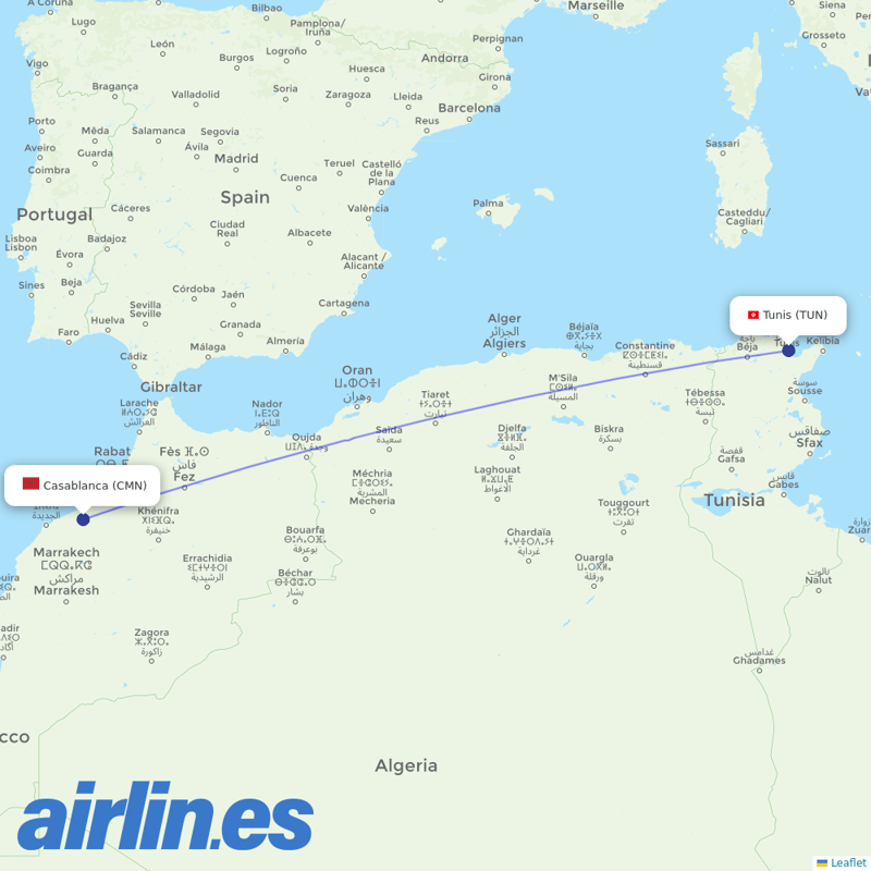 Royal Air Maroc from Tunis–Carthage International Airport destination map