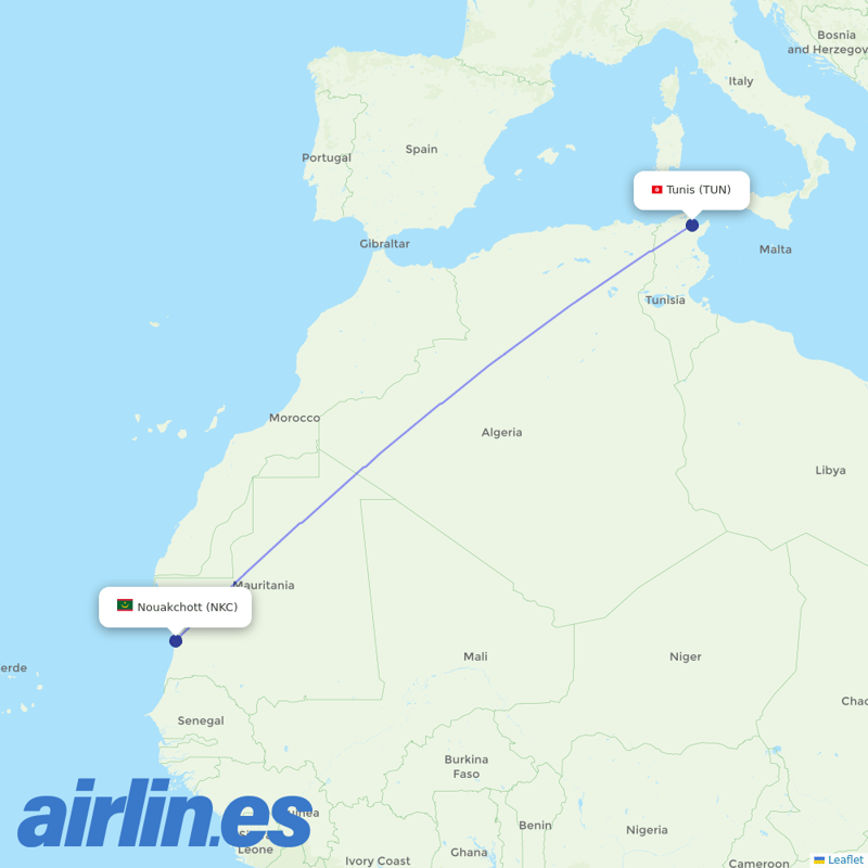 Mauritania Airlines International from Tunis–Carthage International Airport destination map