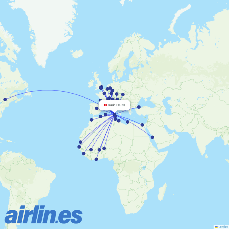 Tunisair from Tunis–Carthage International Airport destination map