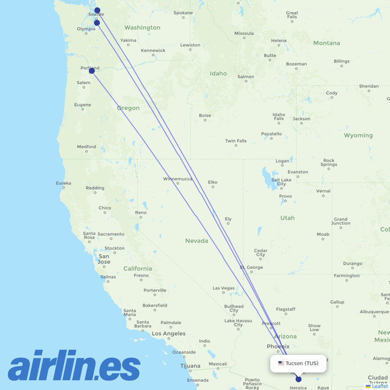 Alaska Airlines from Tucson International destination map