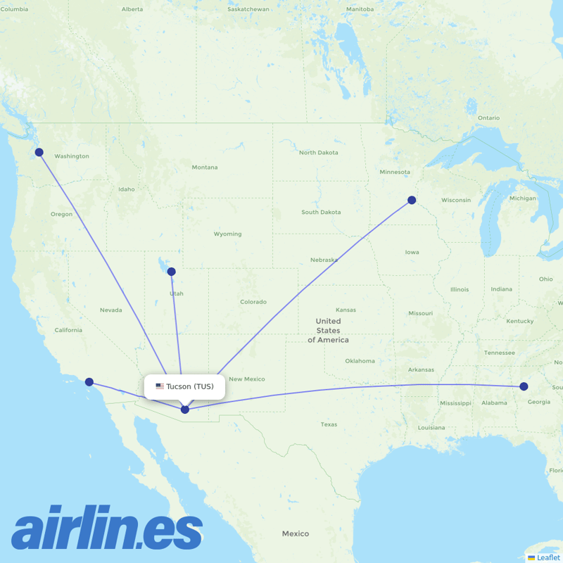 Delta Air Lines from Tucson International destination map