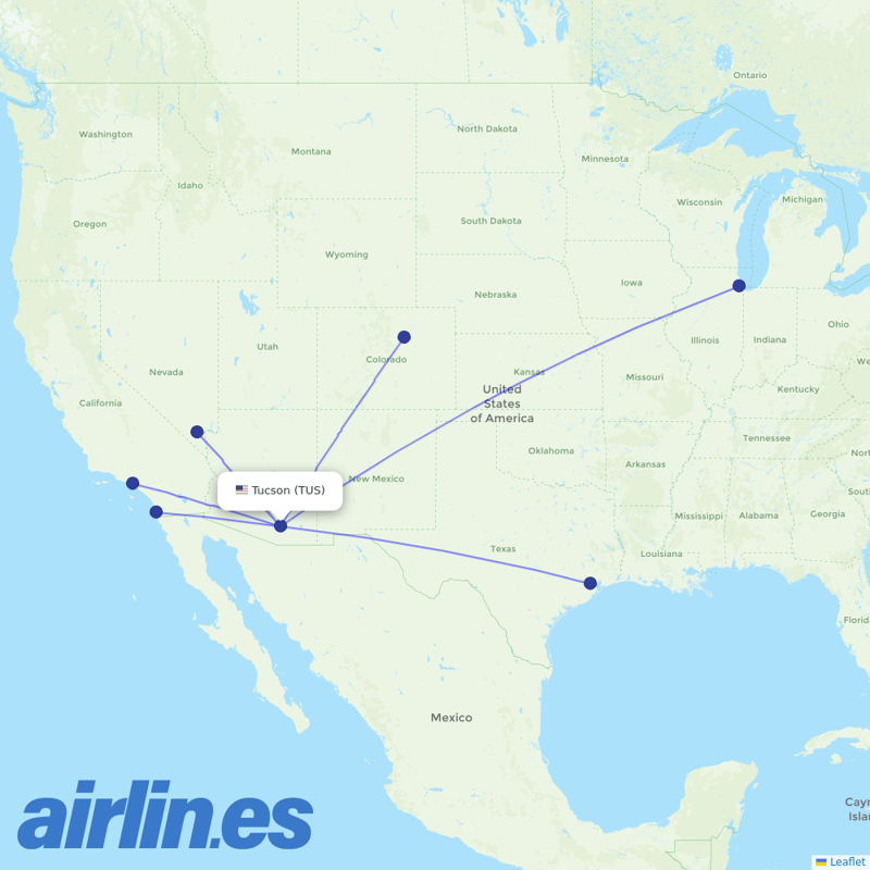 Southwest Airlines from Tucson International destination map