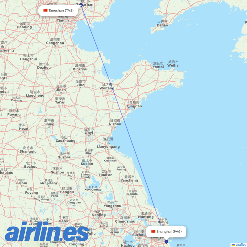 Shanghai Airlines from Tangshan Sannuhe Airport destination map