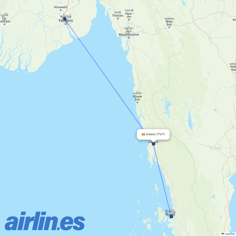 Myanmar National Airlines from Dawei Airport destination map