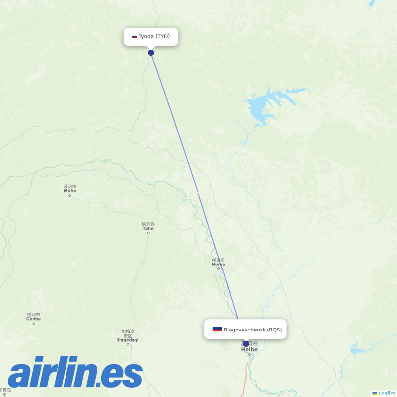 Aurora from Tynda Airport destination map