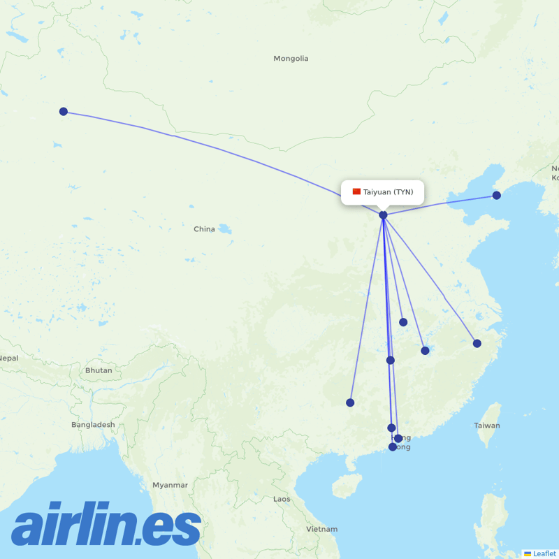 China Southern Airlines from Taiyuan Wusu International Airport destination map