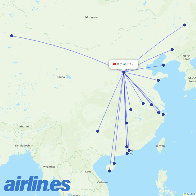 Hainan Airlines from Taiyuan Wusu International Airport destination map