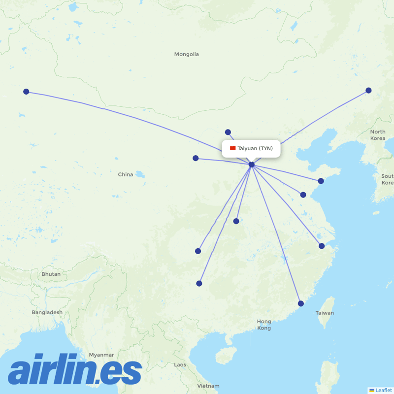 Shandong Airlines from Taiyuan Wusu International Airport destination map