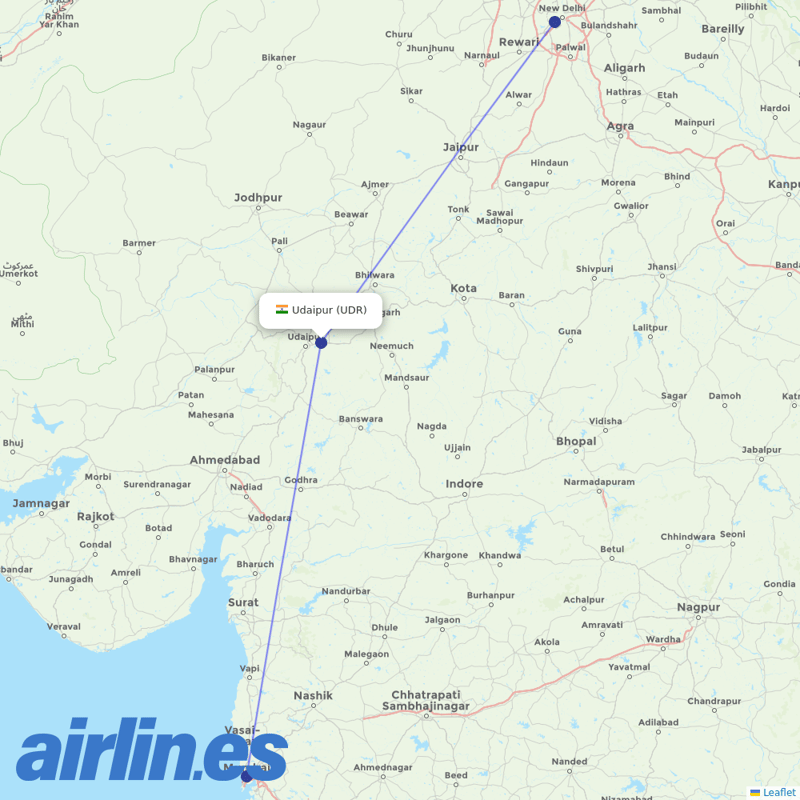 Air India from Udaipur destination map