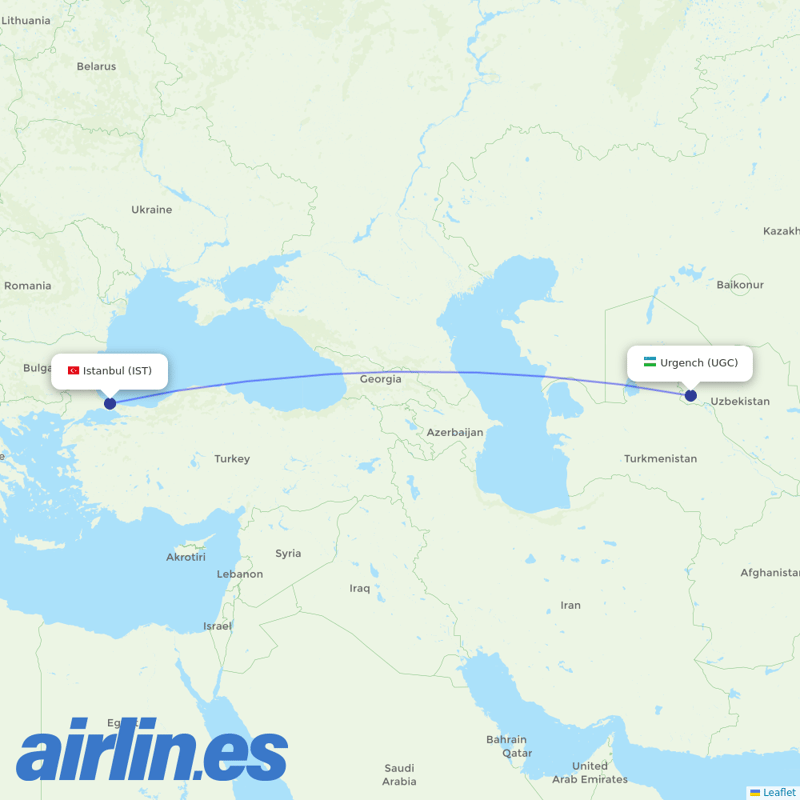 Turkish Airlines from Urgench Airport destination map