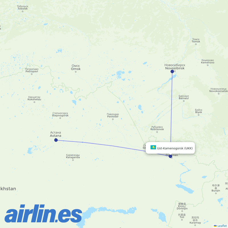 Qazaq Air from Ust-Kamenogorsk Airport destination map