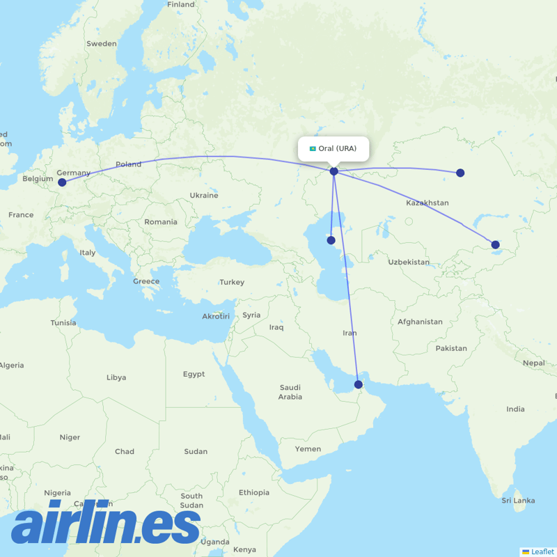 Air Astana from Uralsk destination map
