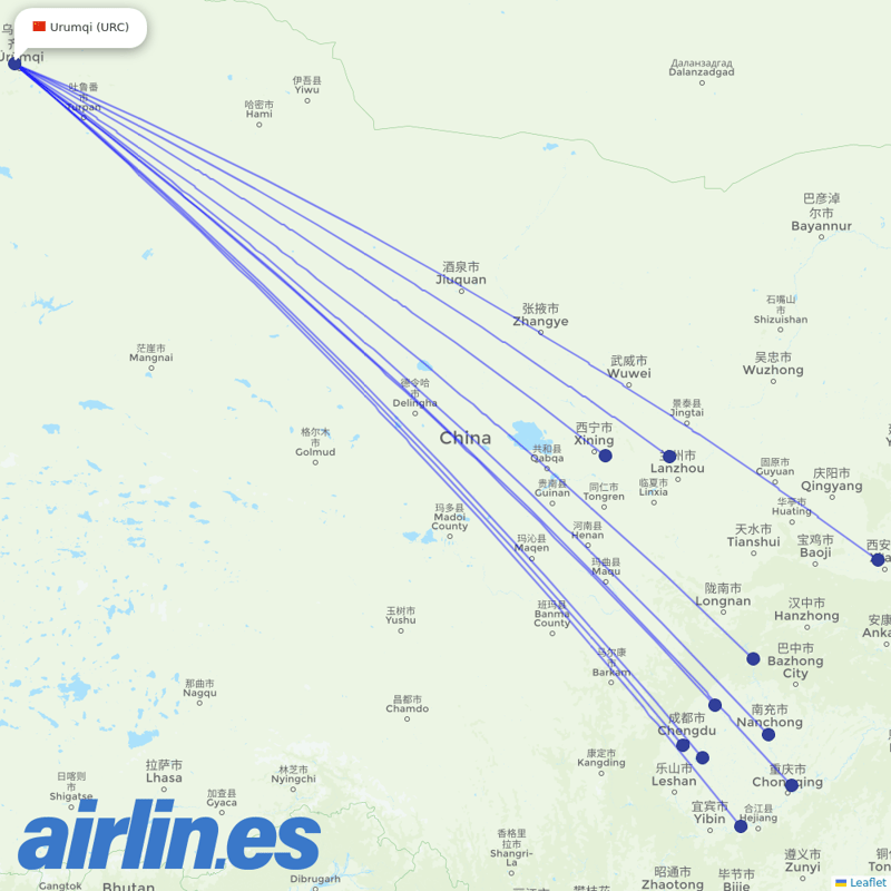 Sichuan Airlines from Ürümqi Diwopu International Airport destination map