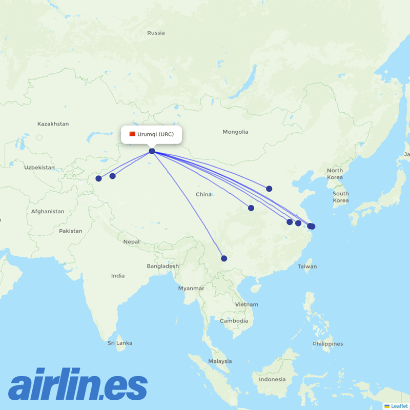 China Eastern Airlines from Ürümqi Diwopu International Airport destination map