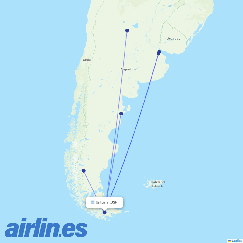 Aerolineas Argentinas from Ushuaia Malvinas Argentinas destination map