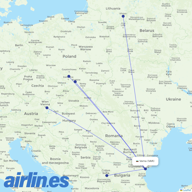 Ryanair from Varna destination map