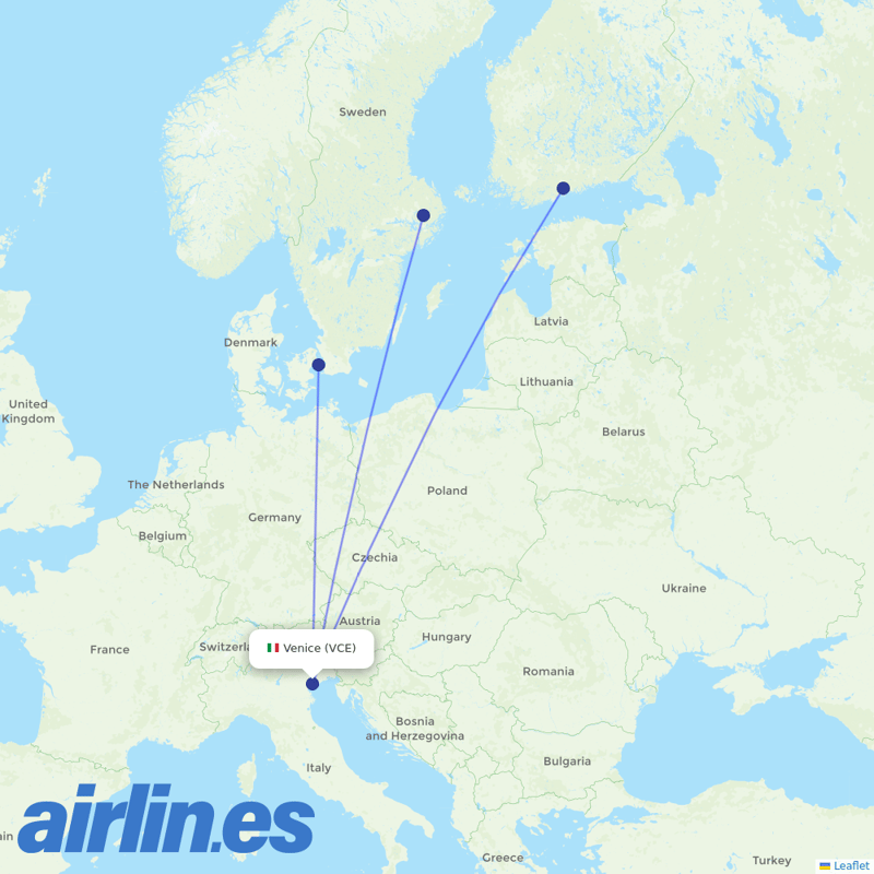 Norwegian Air Intl from Venice Marco Polo Airport destination map