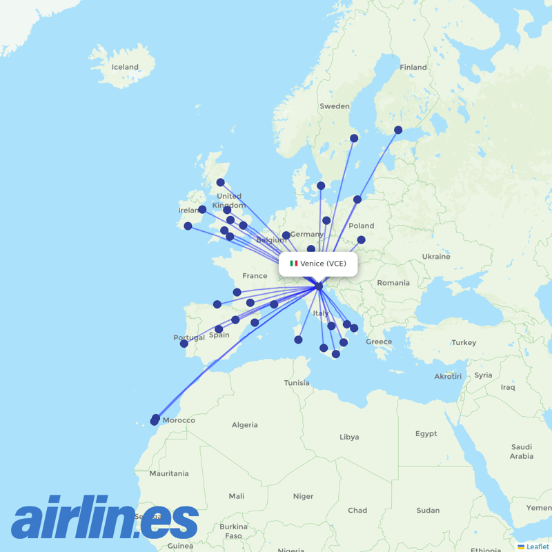 Ryanair from Venice Marco Polo Airport destination map