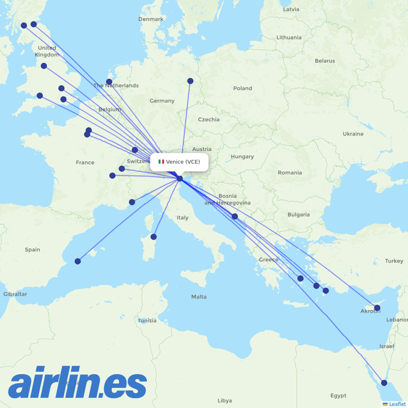 easyJet from Venice Marco Polo Airport destination map