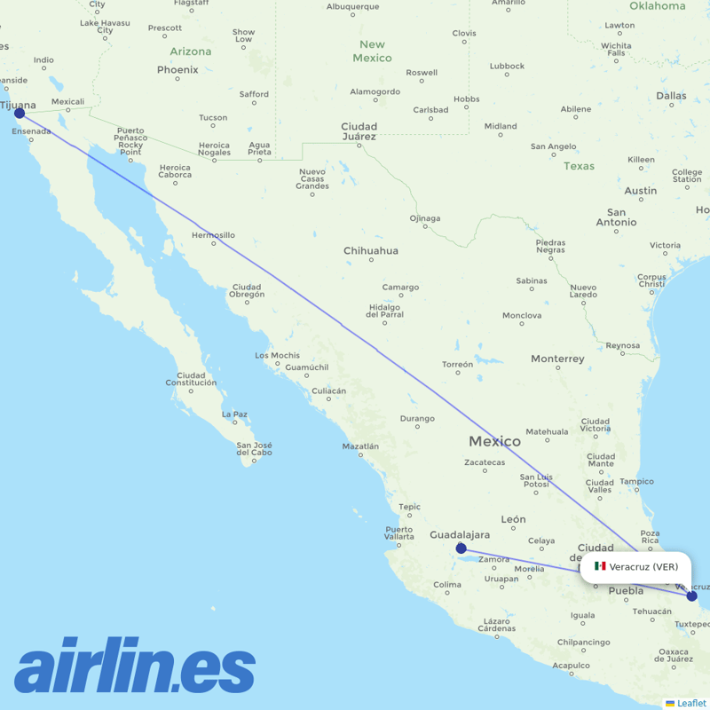 Volaris from Veracruz destination map
