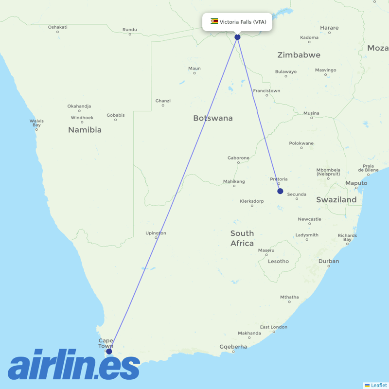 Airlink (South Africa) from Victoria Falls International destination map